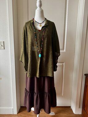 Olive Green Flowy Poncho Top Sheer Boho Batwing Sleeve Layering Medium